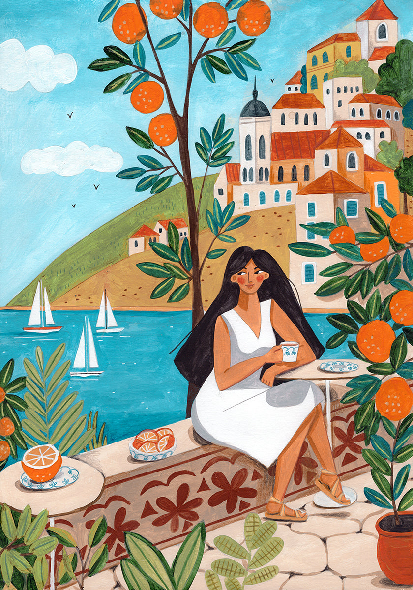 Mulher-poster de viagens na costa do Mediterrâneo
