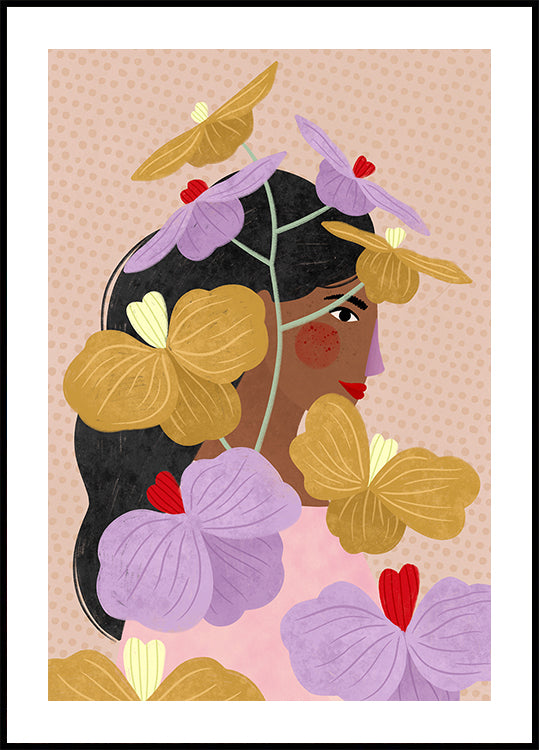 Pôster Escondido atrás de flores roxas amarelas