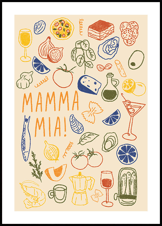 Pôster Mamma Mia!, cozinha italiana divertida com ilustrações coloridas de comida