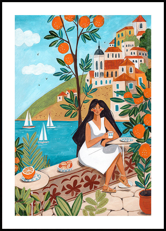Mulher-poster de viagens na costa do Mediterrâneo