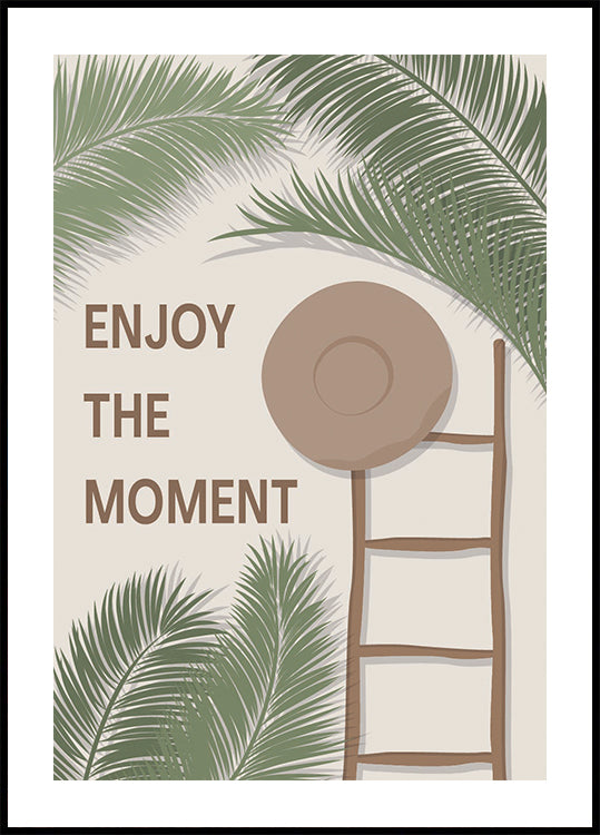 Poster Aproveite o momento 3, citação de verão tropical com escada e chapéu