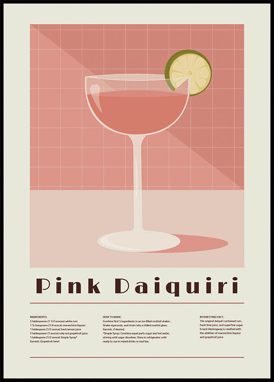 Póster Cocktail Rosa Daiquiri, Receita Retro