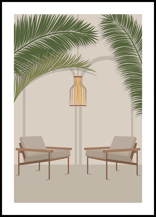 Póster Free Your Mind 1, Modern Tropical Lounge com folhas de palmeira e cadeiras