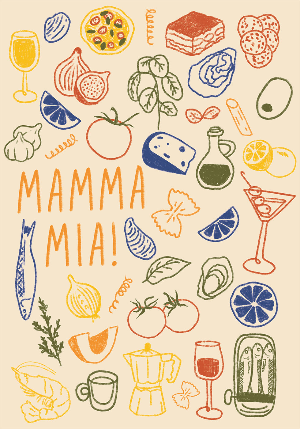 Pôster Mamma Mia!, cozinha italiana divertida com ilustrações coloridas de comida