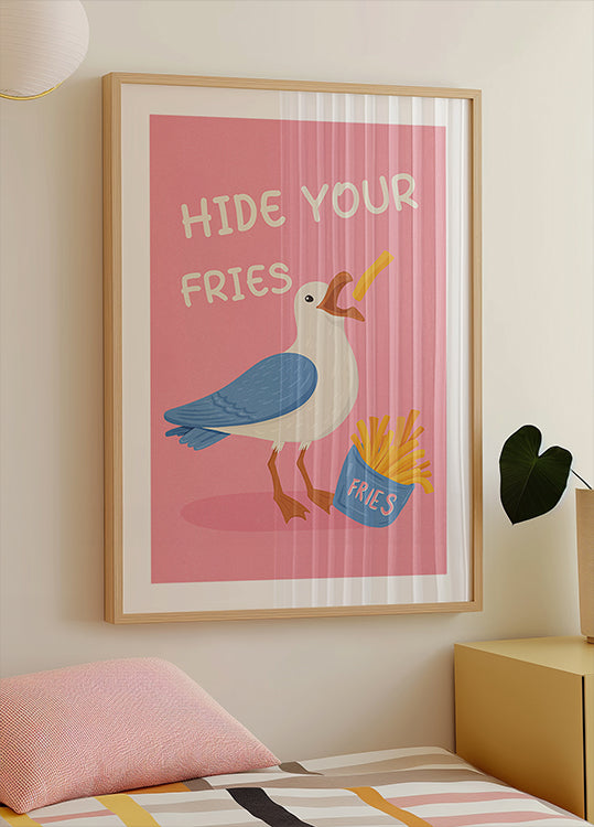 Poster Gaivota com ilustração humorística de batatas fritas