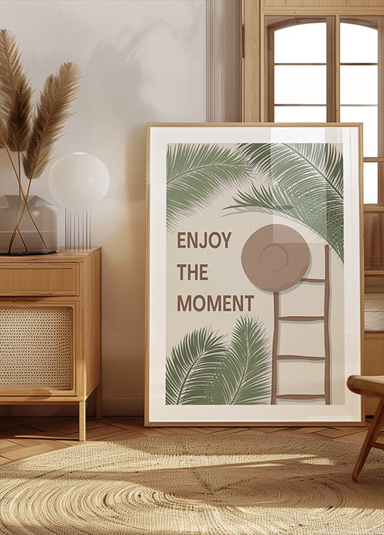 Poster Aproveite o momento 3, citação de verão tropical com escada e chapéu