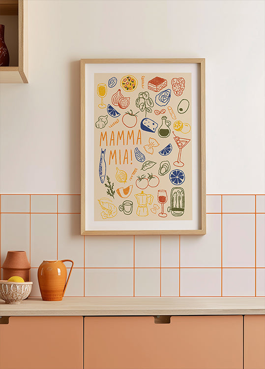 Pôster Mamma Mia!, cozinha italiana divertida com ilustrações coloridas de comida