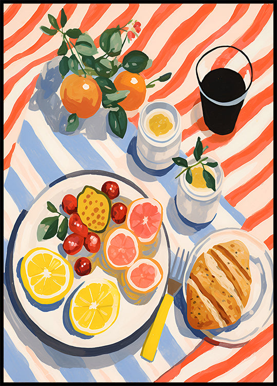 Sunny Breakfast, citrus and croissant art Plakat - Posterbox.dk