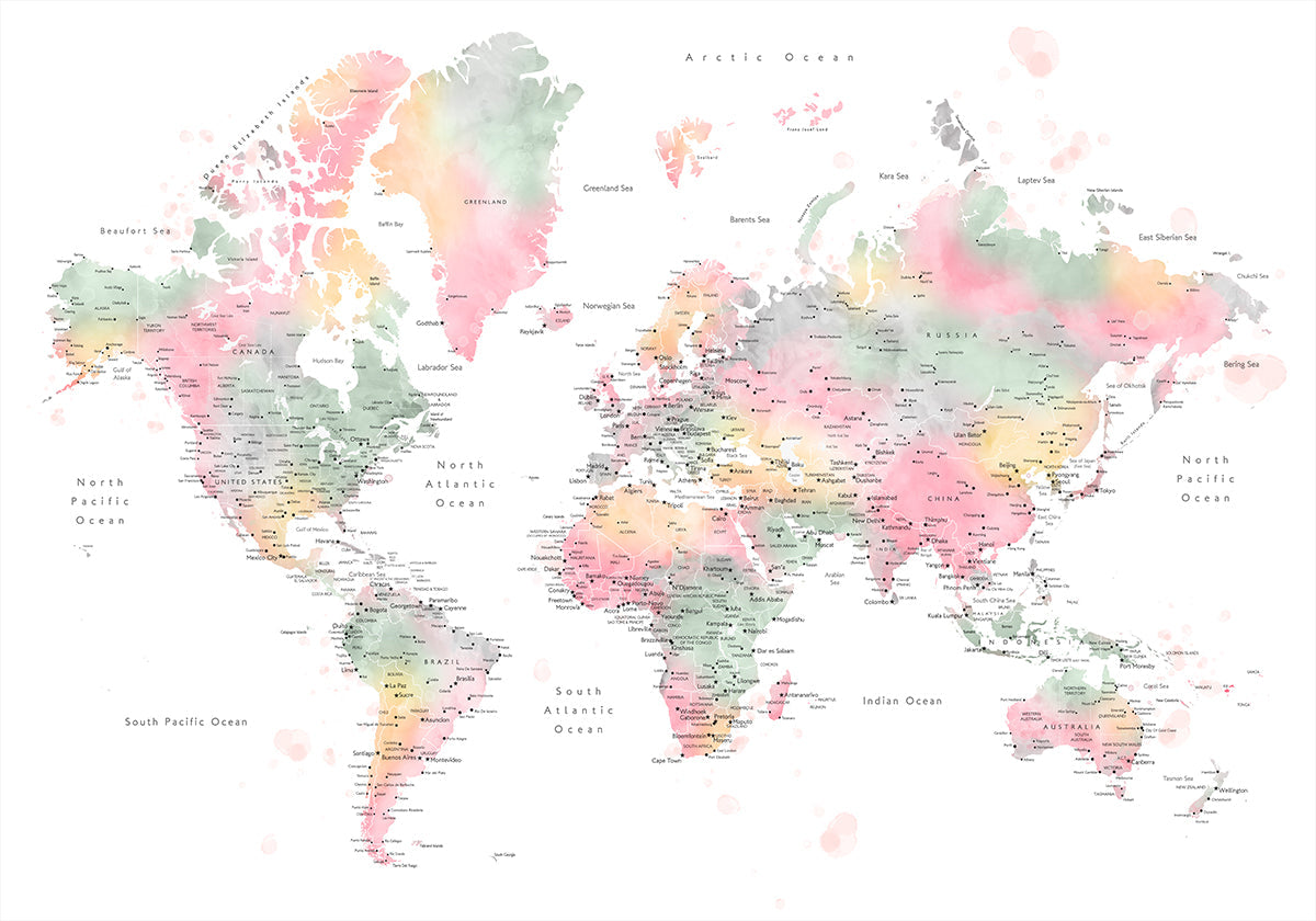 Mapa mundial em aquarela pastel com cidades, Anjah
