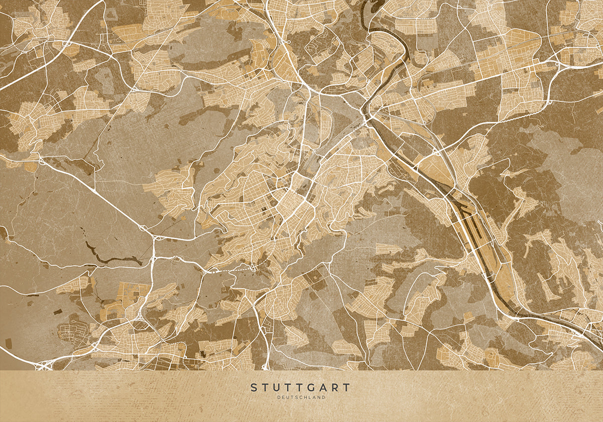 Mapa vintage em sépia do centro de Stuttgart, Alemanha (NOVO)
