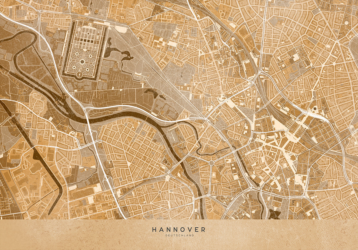 Póster Mapa vintage sépia de Hannover no centro da Alemanha