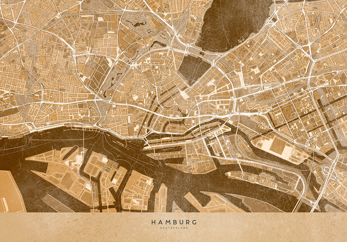 Mapa vintage em sépia do centro de Hamburgo, Alemanha (NOVO)