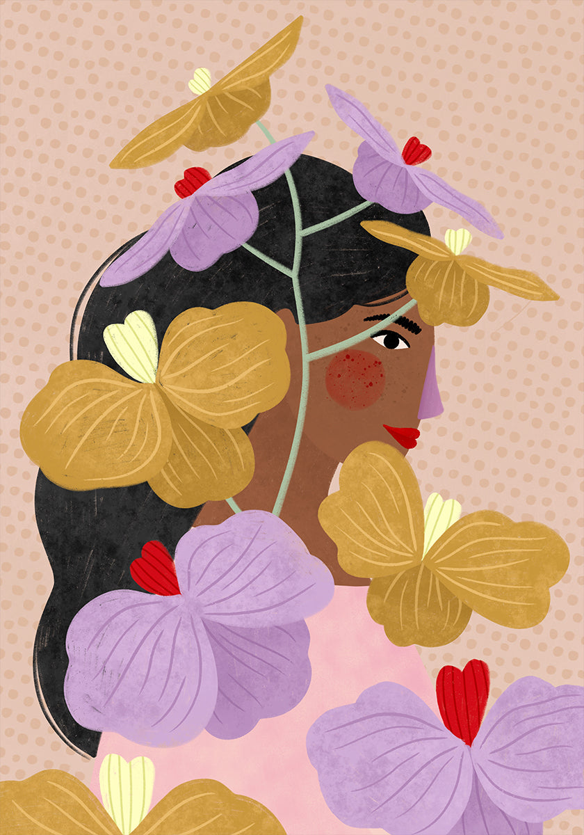 Pôster Escondido atrás de flores roxas amarelas