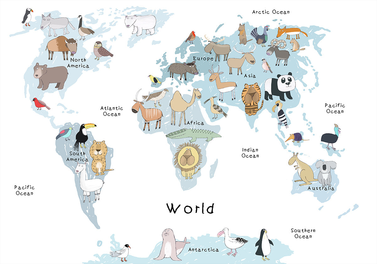Póster Mapa Ilustrado do Mundo com Animais Fofos