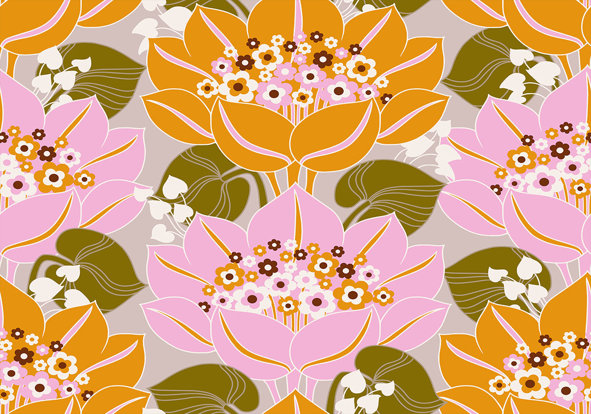 Flores rosa e laranja com folhas verdes