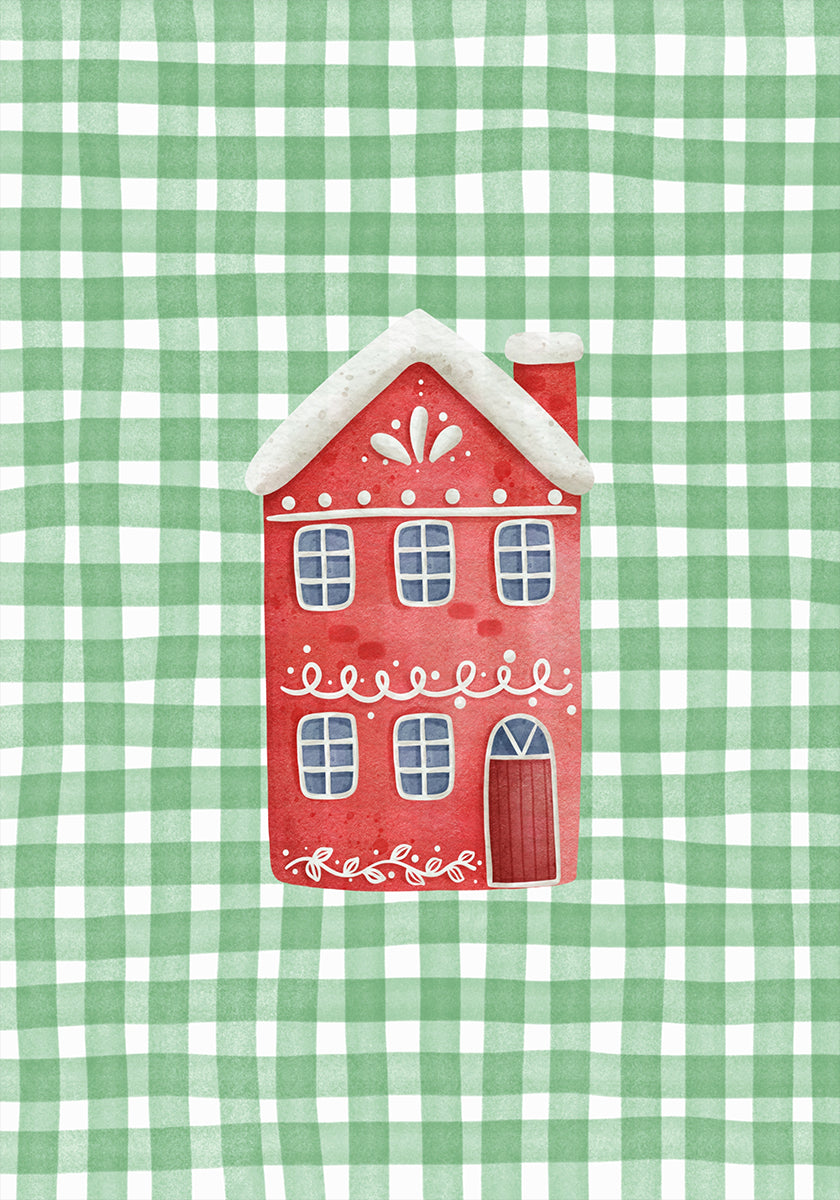 Póster Casa vermelha fofa de Natal em cheques verdes