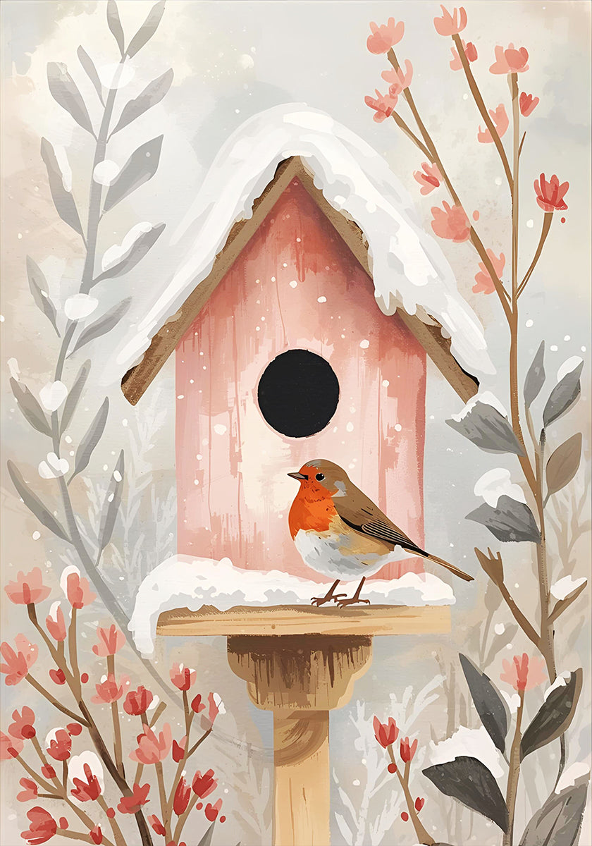 Pôster Vogelhaus com Rotkehlchen e Pflanzen