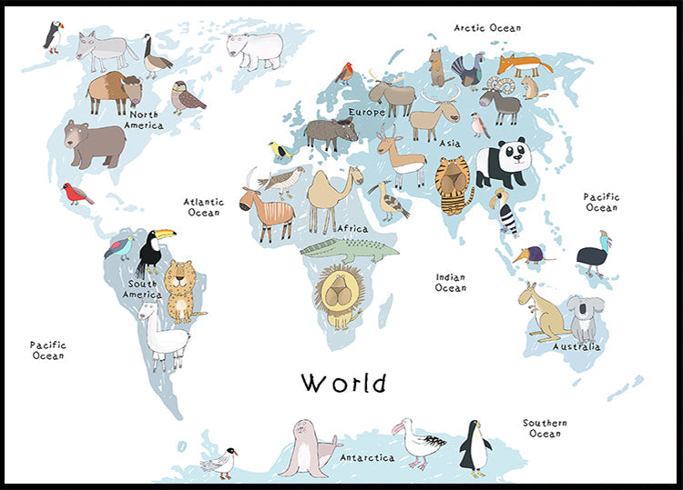 Póster Mapa Ilustrado do Mundo com Animais Fofos