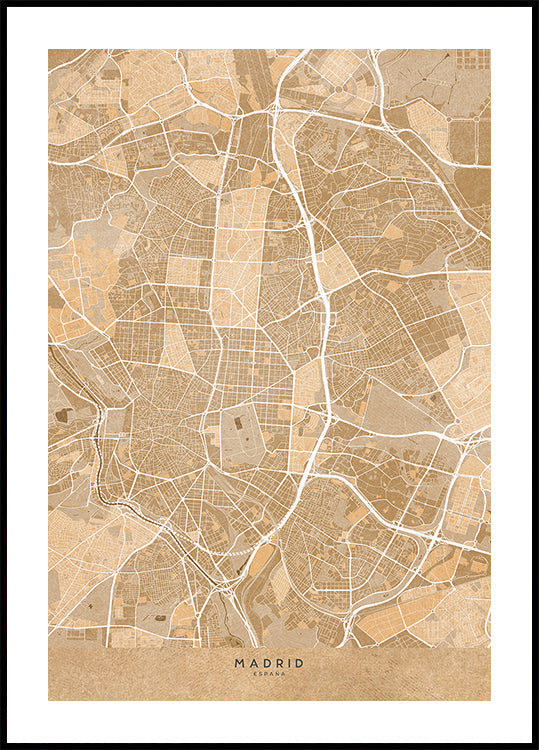Póster Mapa de Madrid (Espanha) em estilo vintage sépia