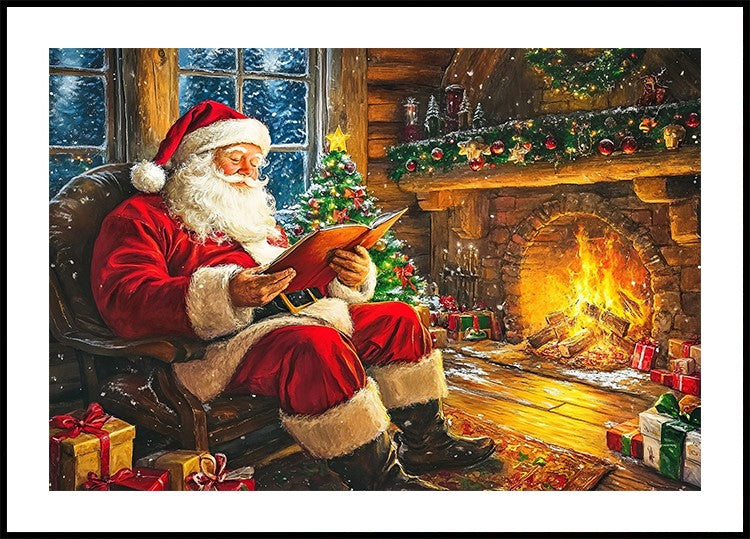 Cartaz do Papai Noel lendo perto da lareira