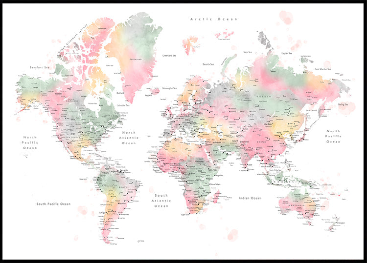 Mapa mundial em aquarela pastel com cidades, Anjah