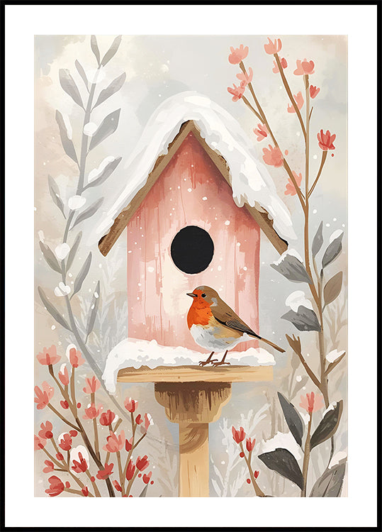 Pôster Vogelhaus com Rotkehlchen e Pflanzen