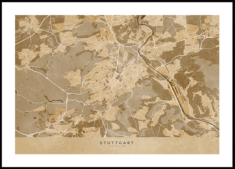 Mapa vintage em sépia do centro de Stuttgart, Alemanha (NOVO)