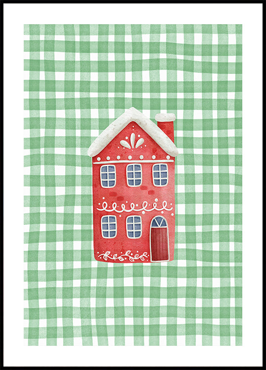 Póster Casa vermelha fofa de Natal em cheques verdes