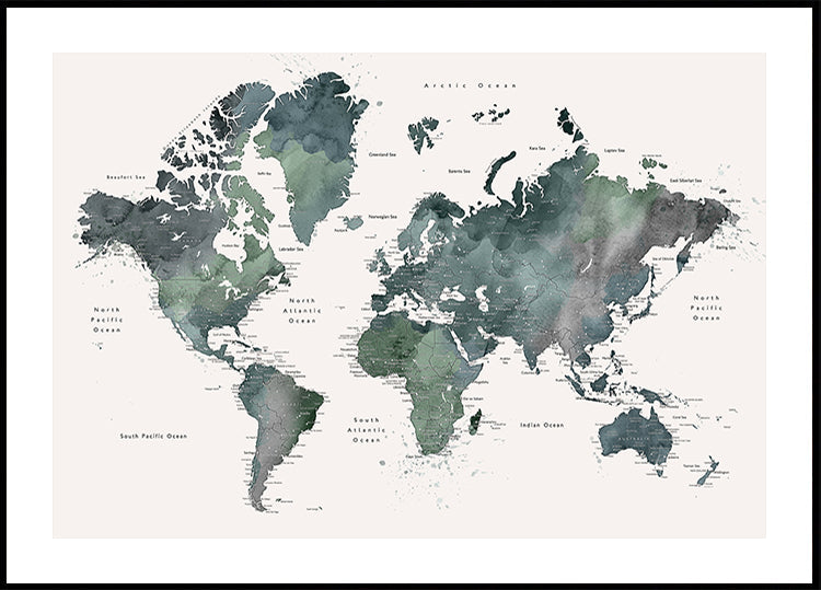 Mapa mundial em aquarela com cidades, Makoa (NOVO)