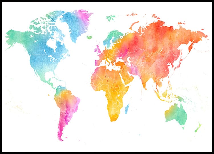 Pôster colorido de mapa-múndi em aquarela