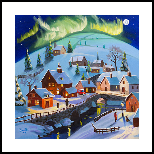 Pôster Winter Wonderland Village sob a aurora boreal