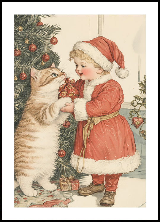 Póster Criança e Gato de Natal