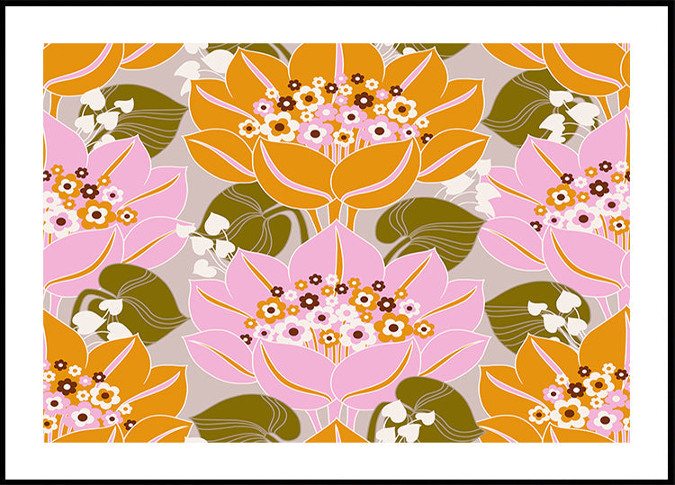 Flores rosa e laranja com folhas verdes