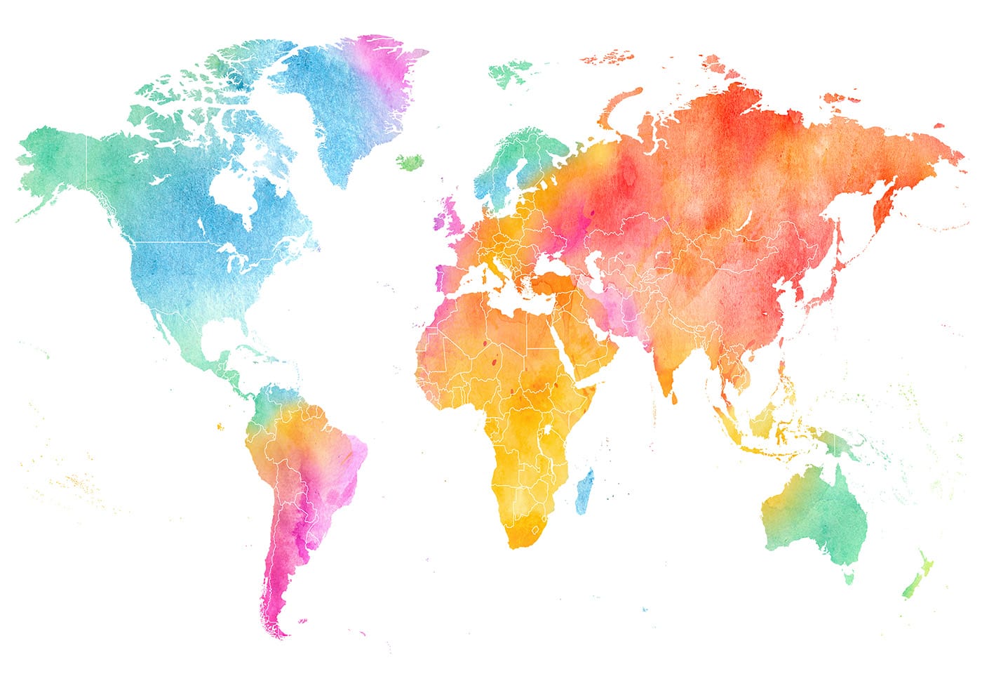 Pôster colorido de mapa-múndi em aquarela