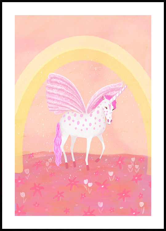 Um unicórnio branco com manchas rosa está em um campo de flores rosa, com um arco-íris formando um arco atrás dele.