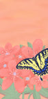 Uma ilustração digital vibrante de uma borboleta com asas amarelas e pretas empoleirada em flores rosa contra um fundo cor de pêssego.