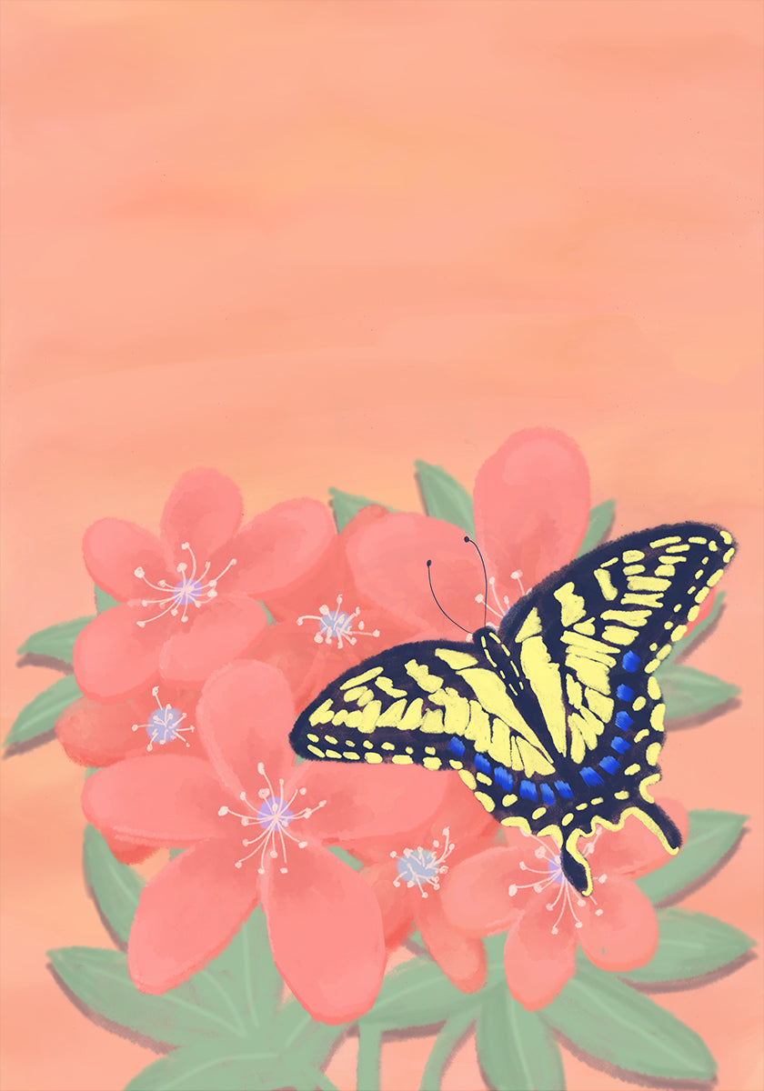 Uma ilustração digital vibrante de uma borboleta com asas amarelas e pretas empoleirada em flores rosa contra um fundo cor de pêssego.