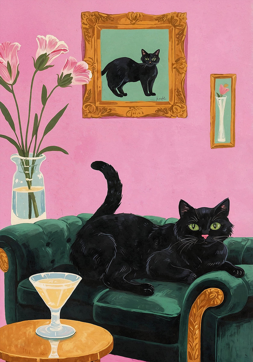 Cat On The Sofa With Martini Plakat - Posterbox