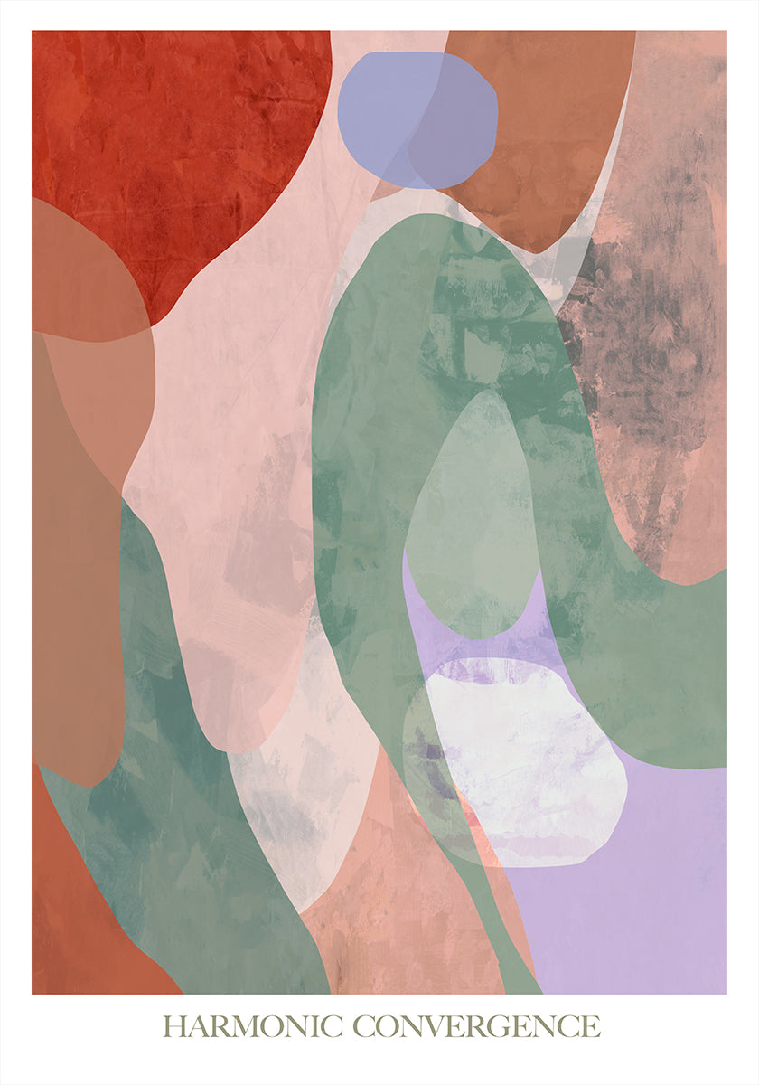 A imagem é uma obra de arte abstrata com uma convergência harmoniosa de diversas formas e cores, incluindo tons de vermelho, verde, azul e roxo.