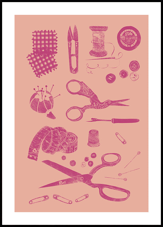 A imagem é uma coleção de várias ferramentas e materiais de costura e artesanato, incluindo tesouras, alfinetes, agulhas, botões e fita métrica, todos representados em um esquema de cores rosa.