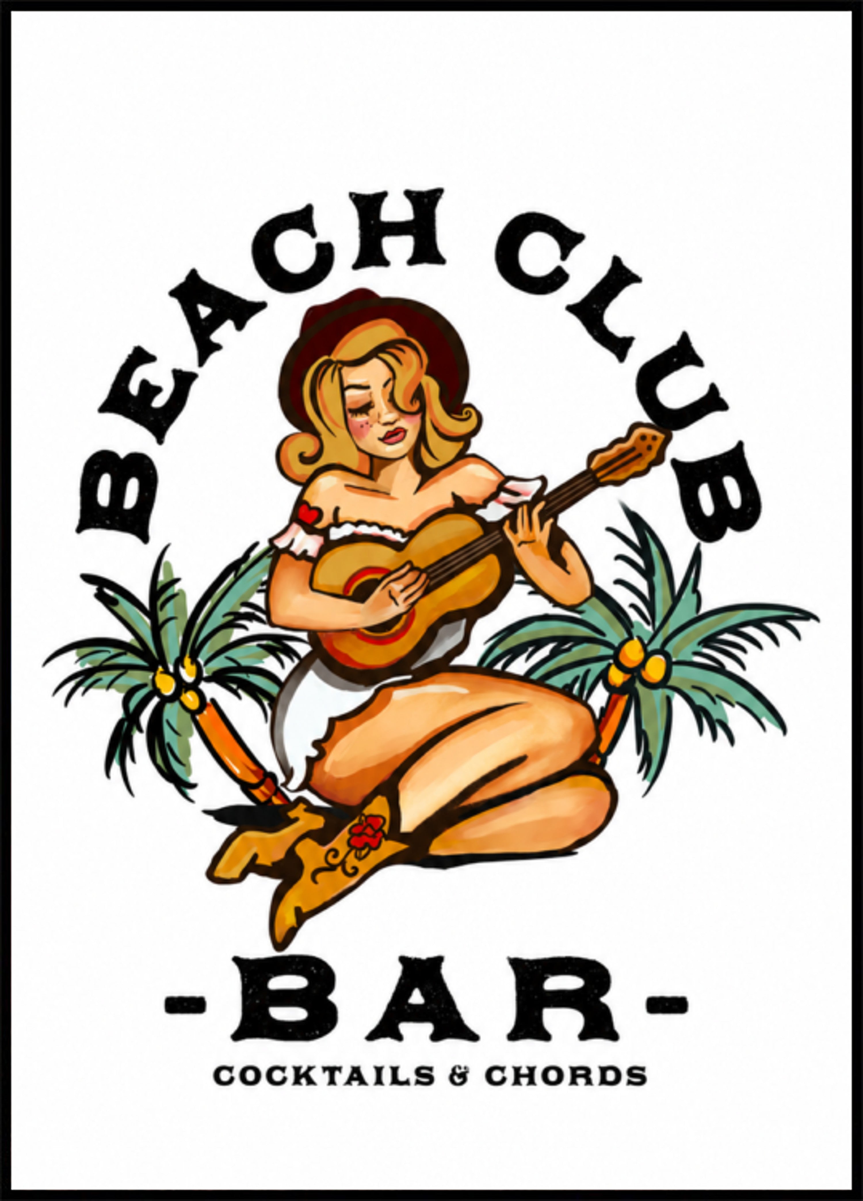 Bar do Clube de Praia. Garota pin-up estilo Sailor Jerry tocando guitarra