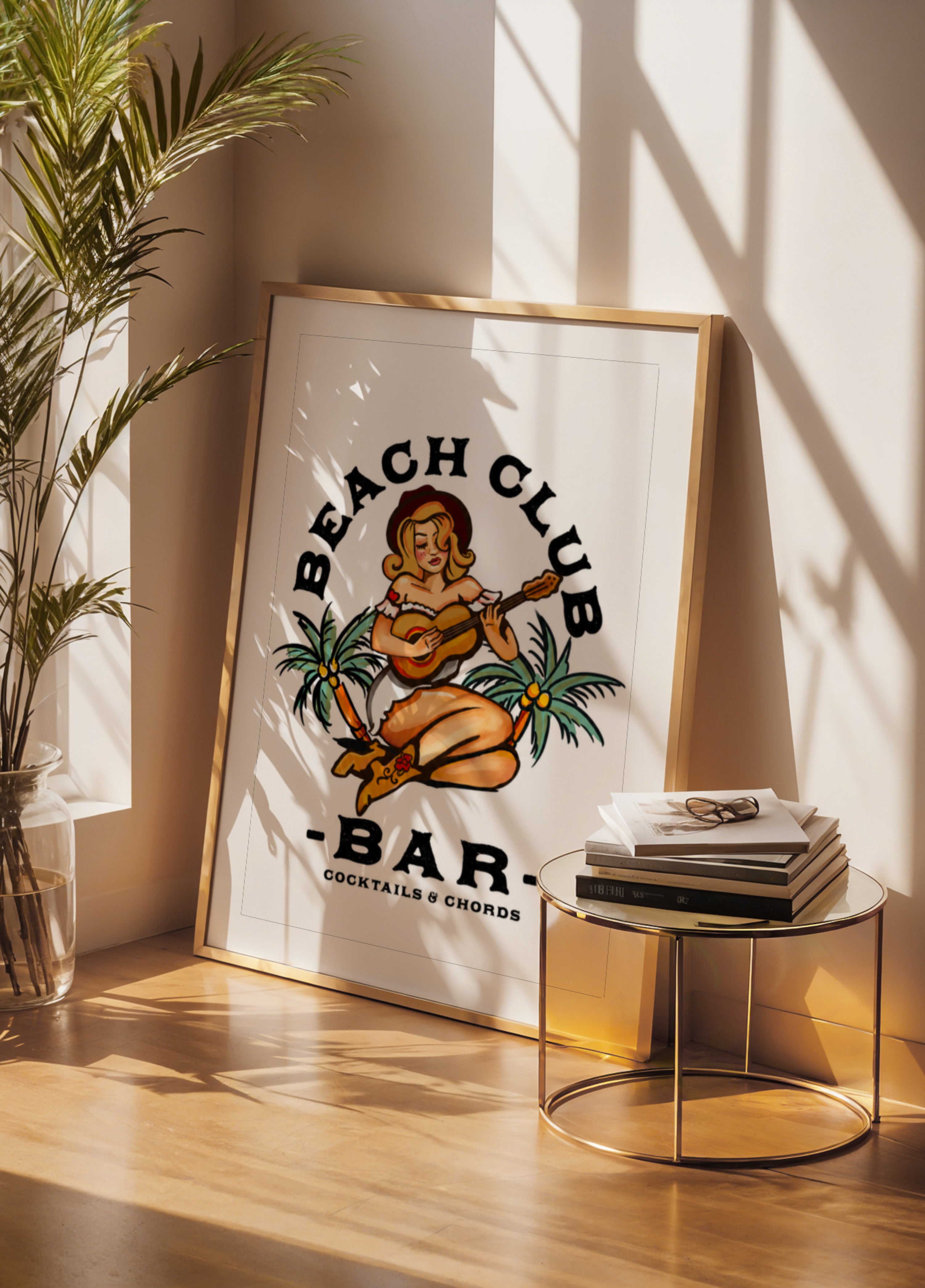 Bar do Clube de Praia. Garota pin-up estilo Sailor Jerry tocando guitarra