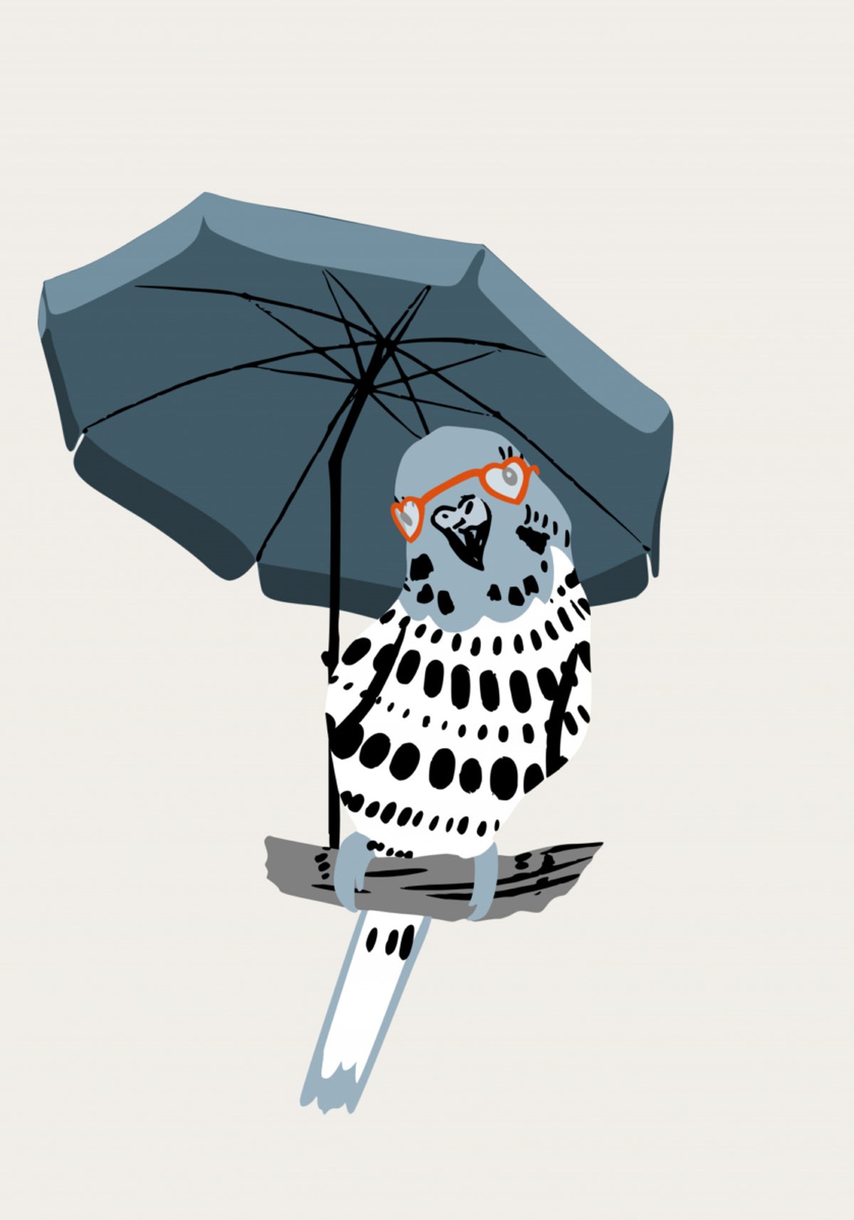 Periquito estiloso sob guarda-chuva