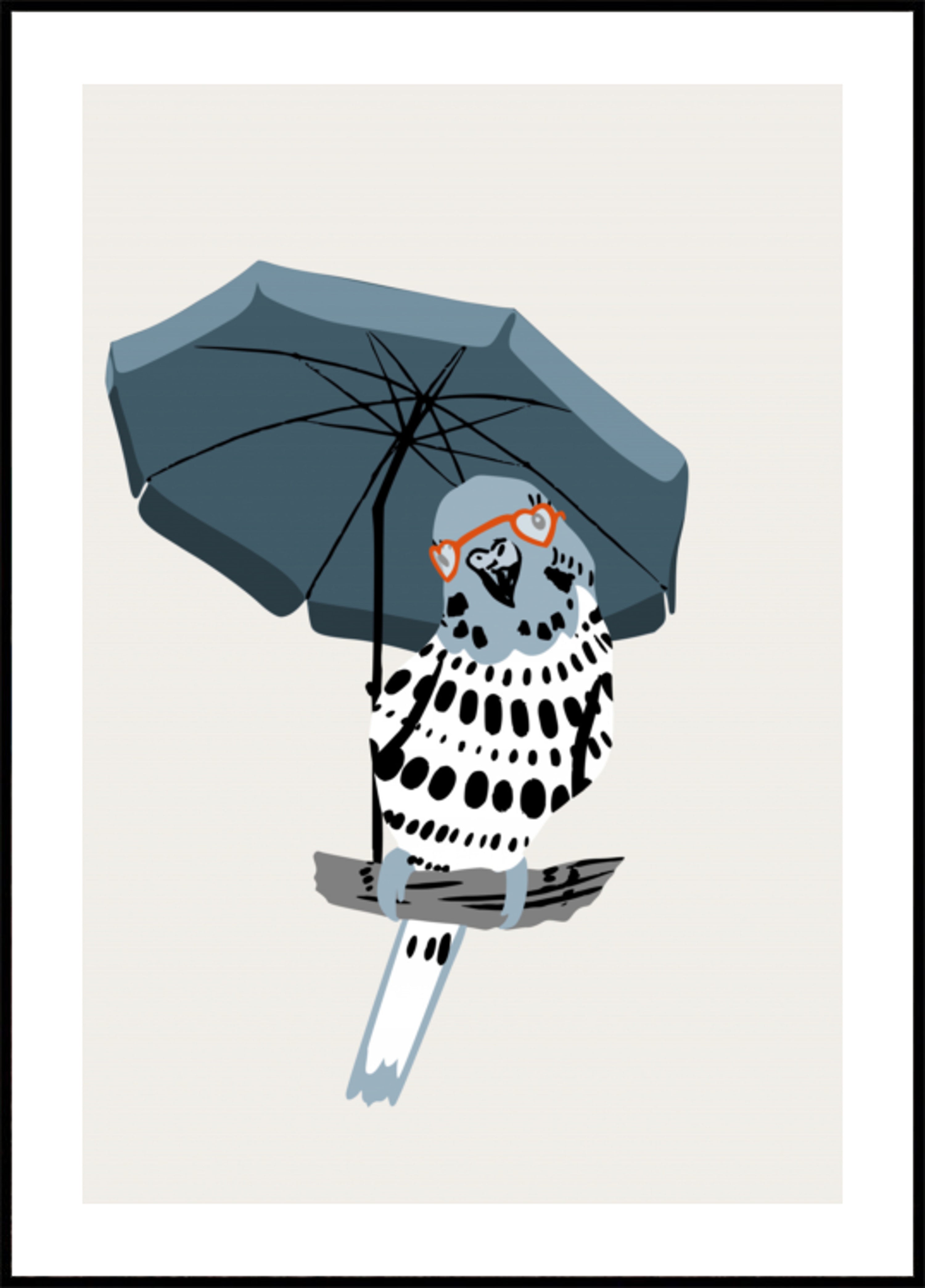 Periquito estiloso sob guarda-chuva