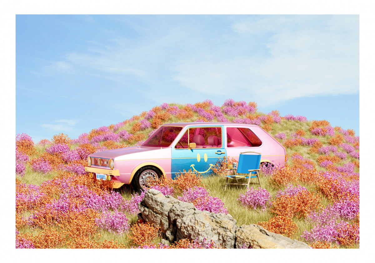 Carro sorridente em flores