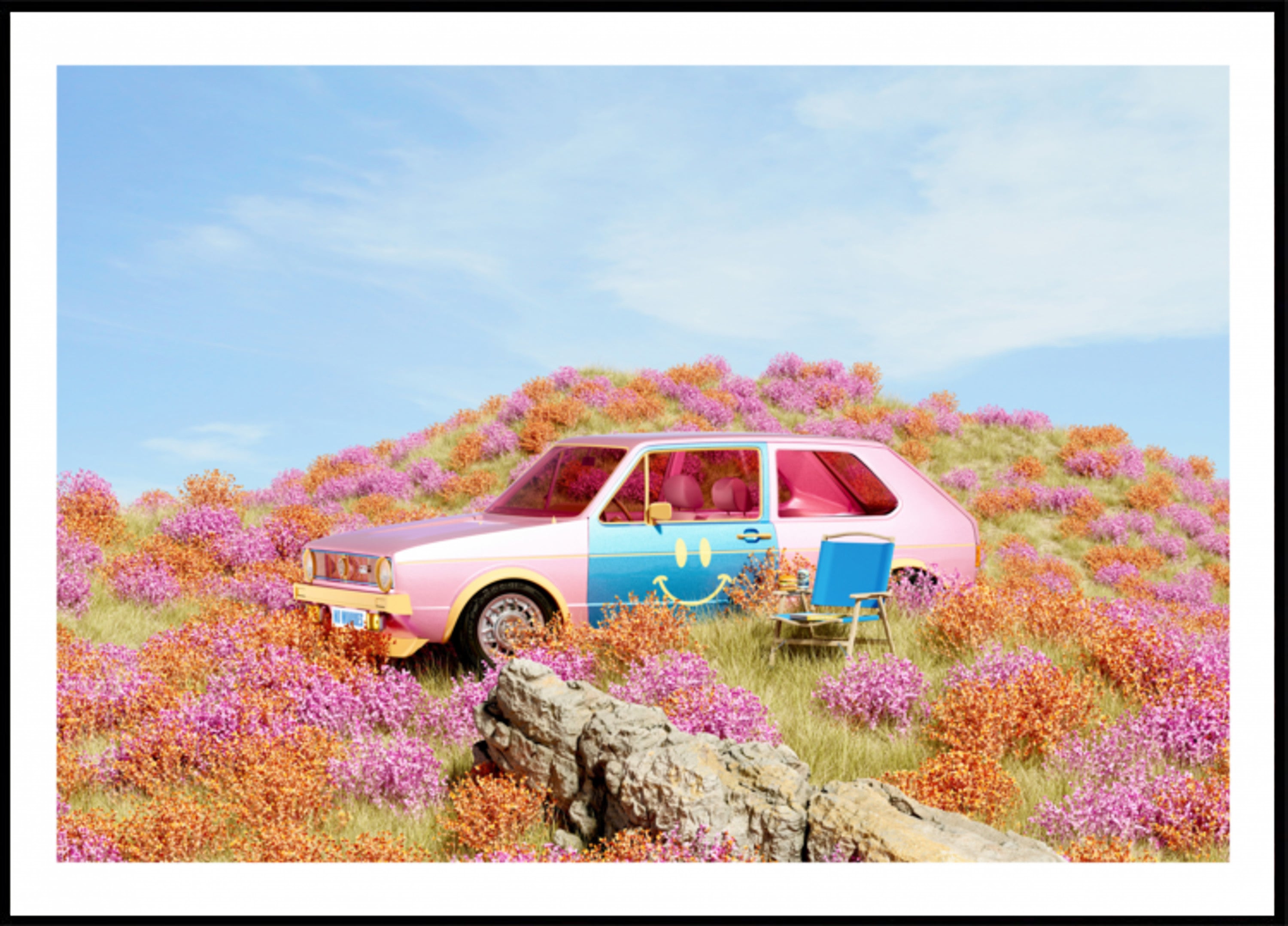 Carro sorridente em flores