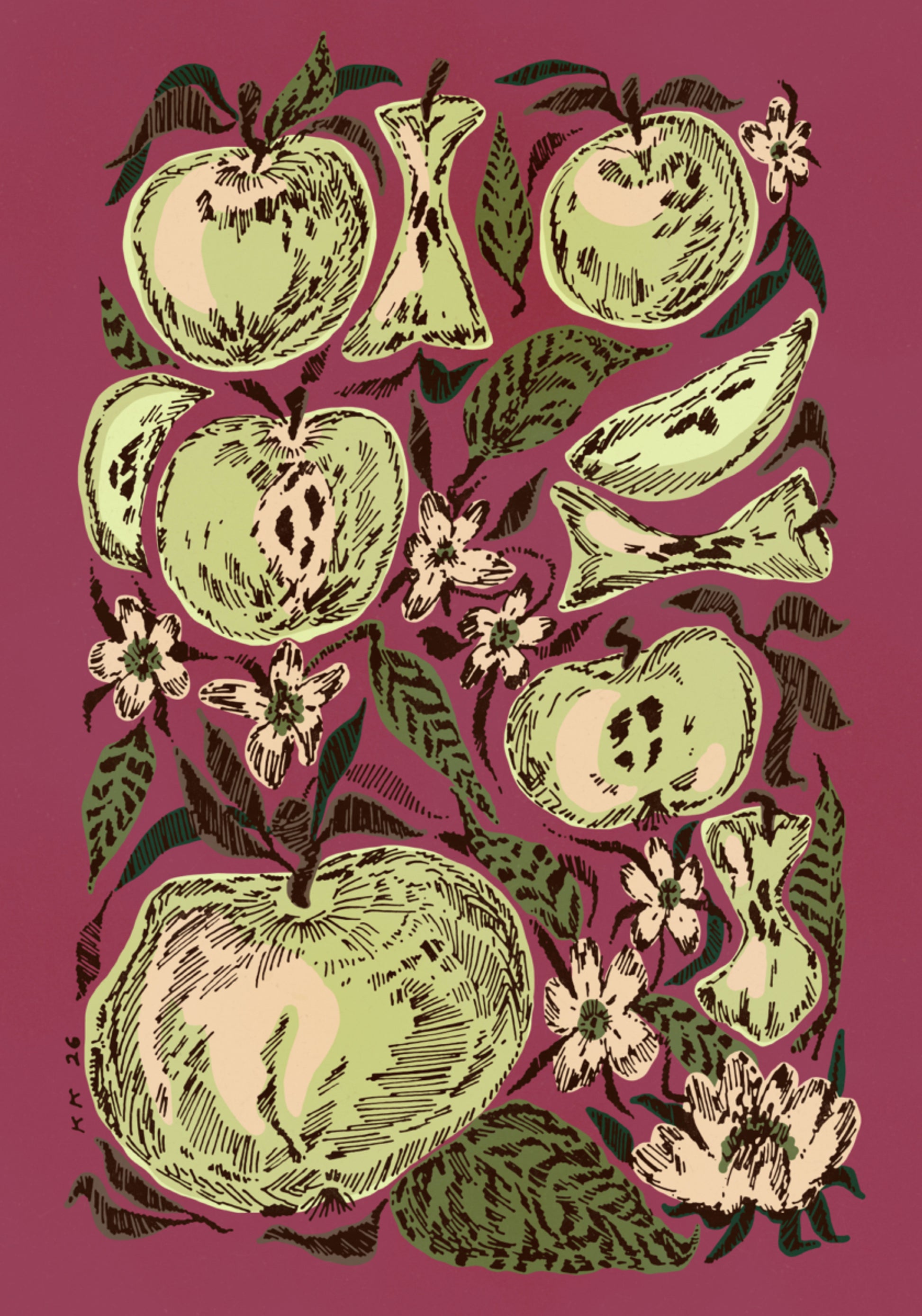 Maçãs verdes e flores