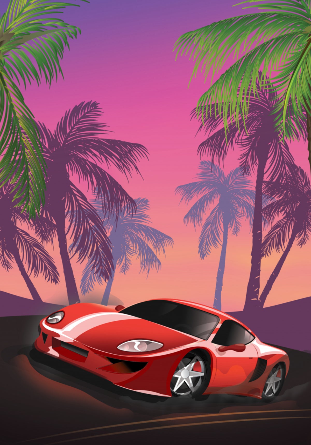 Pôr do sol de carro esportivo vermelho