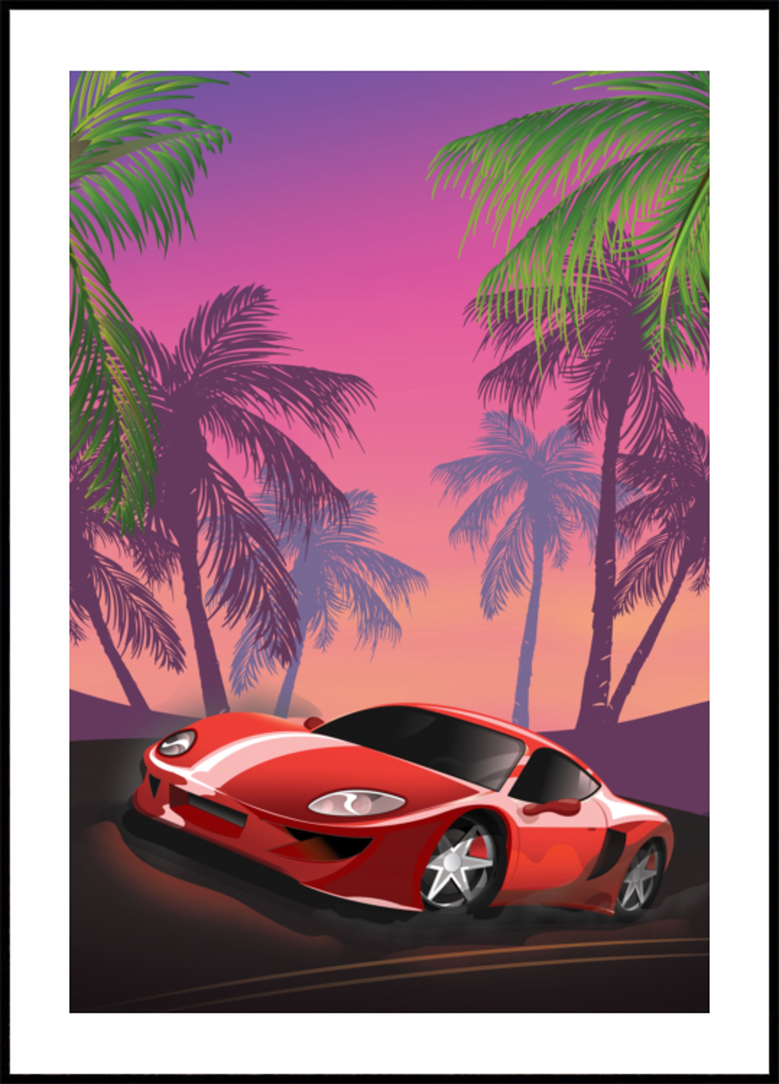Pôr do sol de carro esportivo vermelho