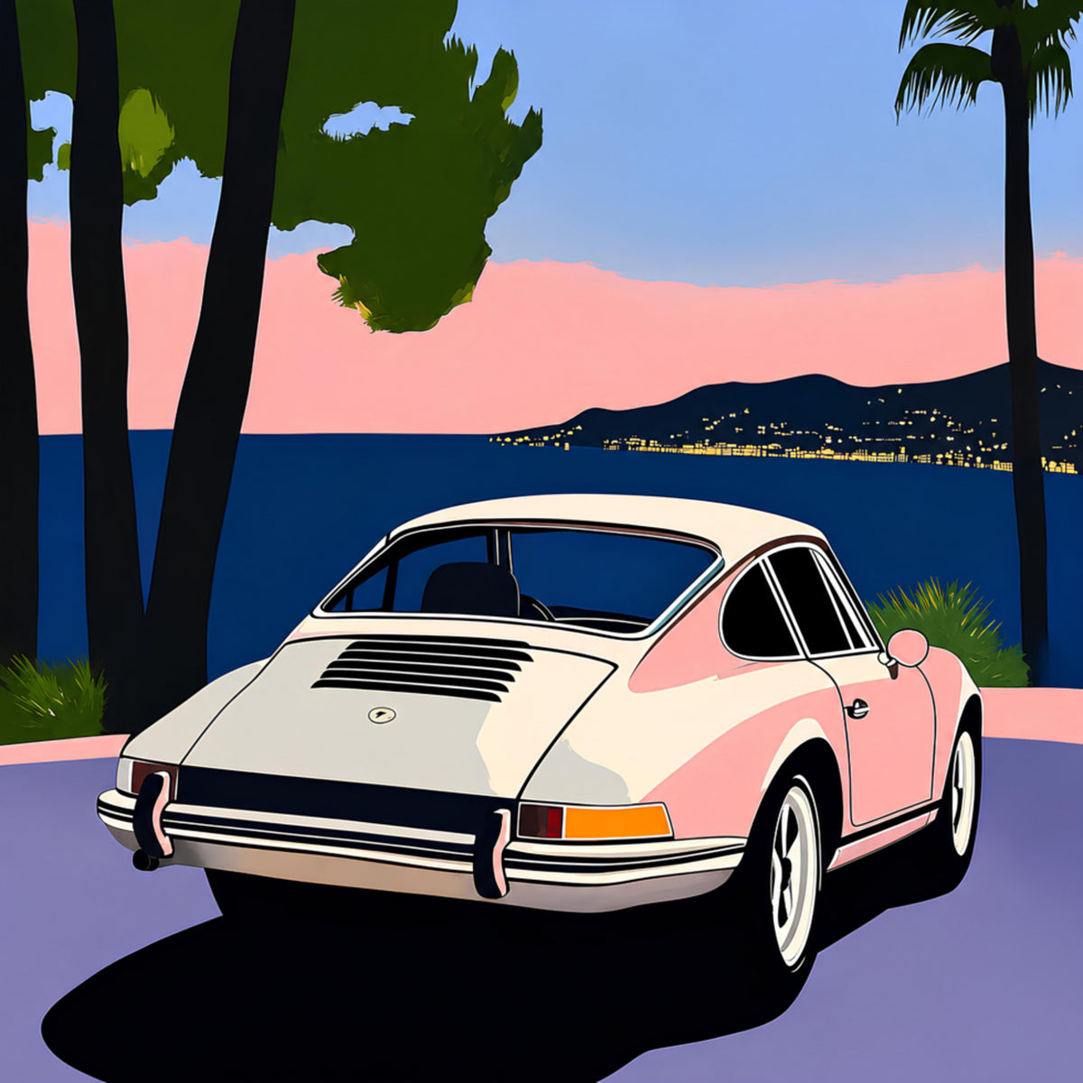 Pôr do sol de carro clássico rosa